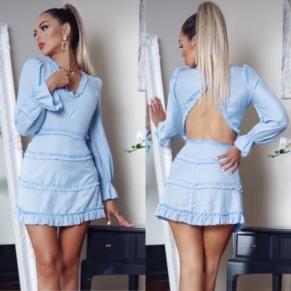 Dresses & Skirts - Blue Long Sleeve V-Neck Open Back Backless Mini Dress